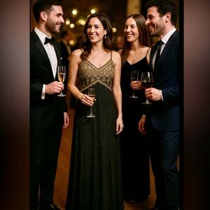 Vintage Dress European Elegance. Black with Gold Lamé Thread. Extra Long